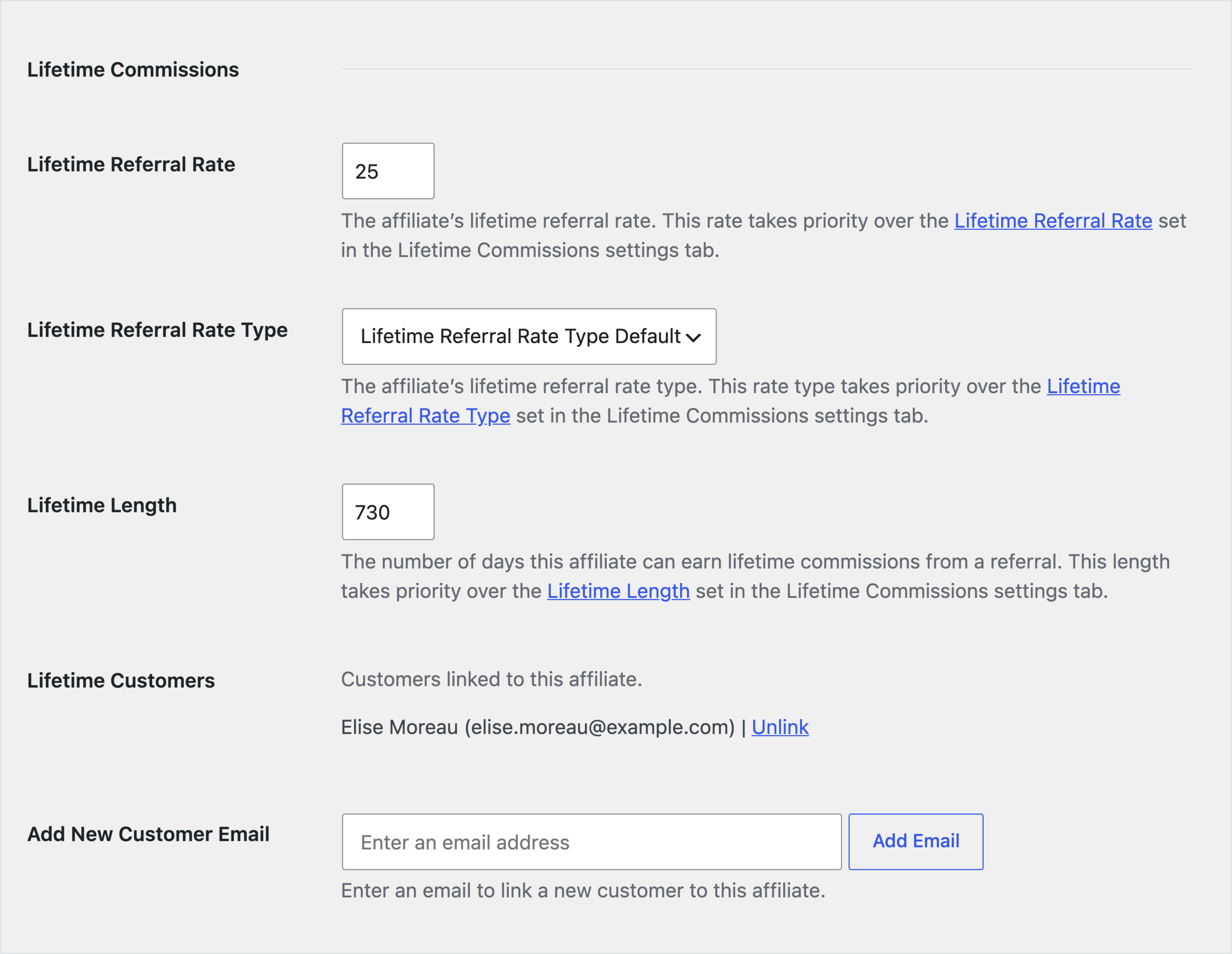AffiliateWP Affiliate bearbeiten Bildschirm, Abschnitt Lifetime Commissions für einen Affiliate, mit einem Lebenslangen Empfehlungssatz von 25, einer Lebenslangen Dauer von 730 Tagen und einem verknüpften lebenslangen Kunden, Elise Moreau, mit einem Entknüpfen Link