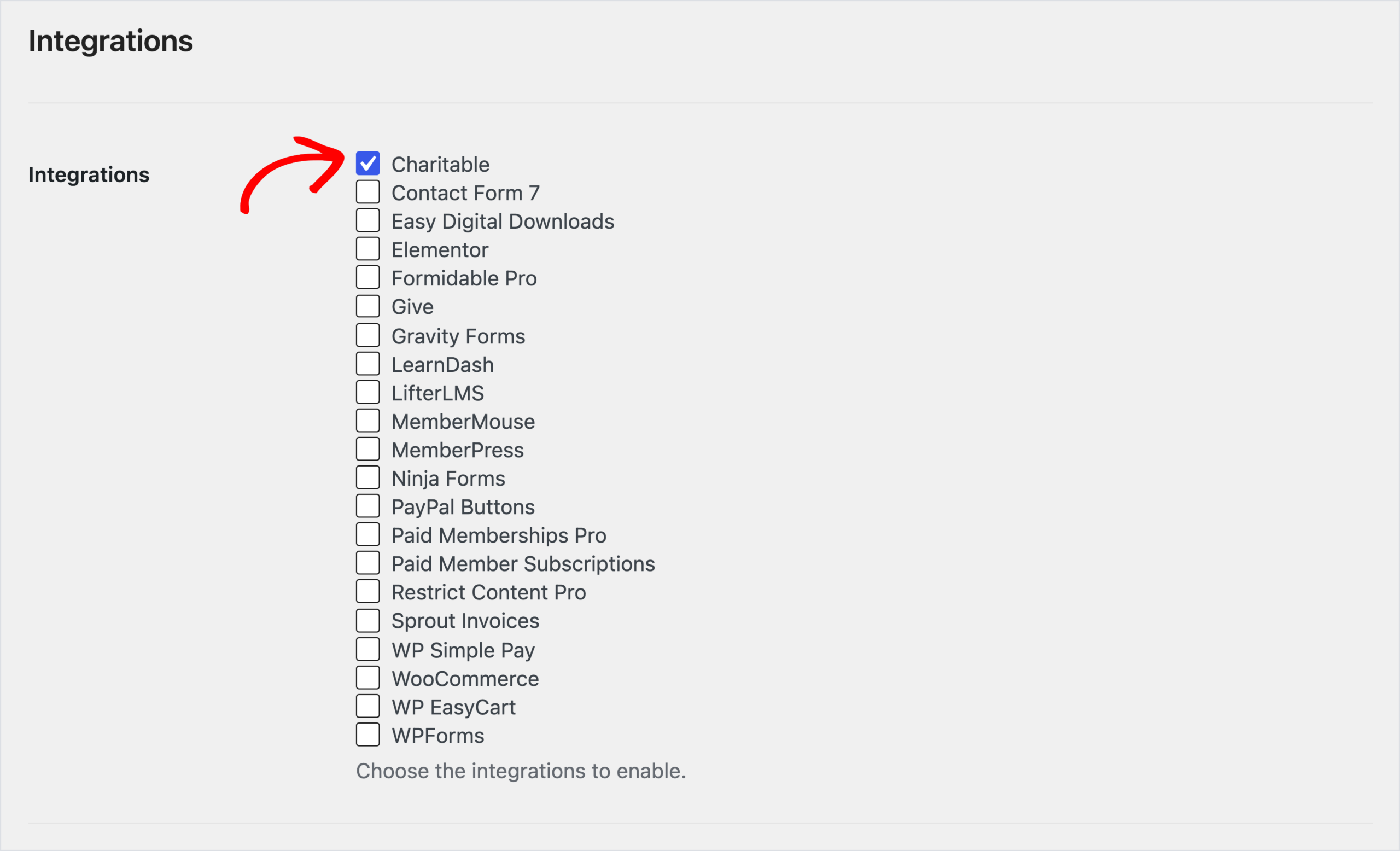 Configurações do AffiliateWP, aba Integrações, com Charitable marcado no topo da lista de integrações