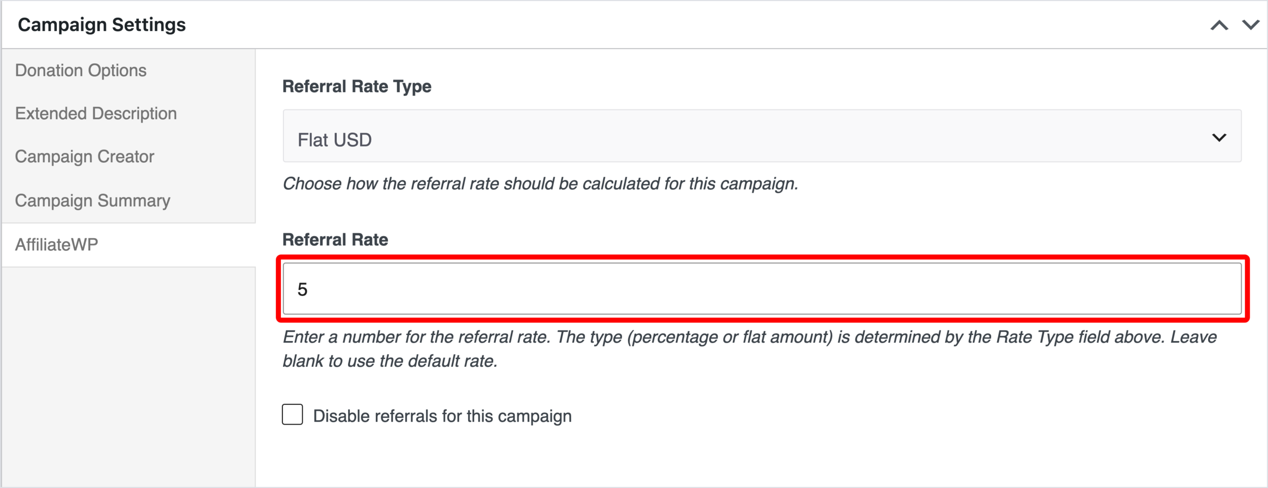 Editor de campanha Charitable, caixa Configurações da Campanha, aba AffiliateWP com Tipo de Taxa de Indicação definido como Valor Fixo (USD), Taxa de Indicação 5 e a caixa de seleção Desativar indicações para esta campanha