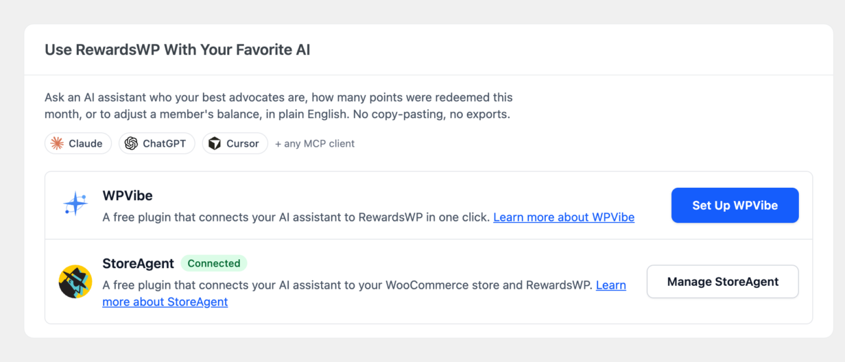 The AI MCP tab in RewardsWP, listing WPVibe with a Set Up WPVibe button, and StoreAgent below it marked Connected