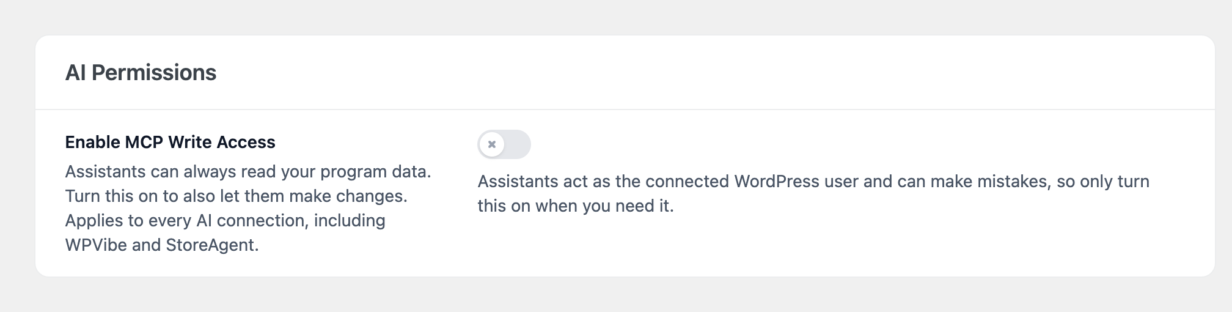 The AI Permissions section of the AI MCP tab in RewardsWP, with the Enable MCP Write Access toggle turned off