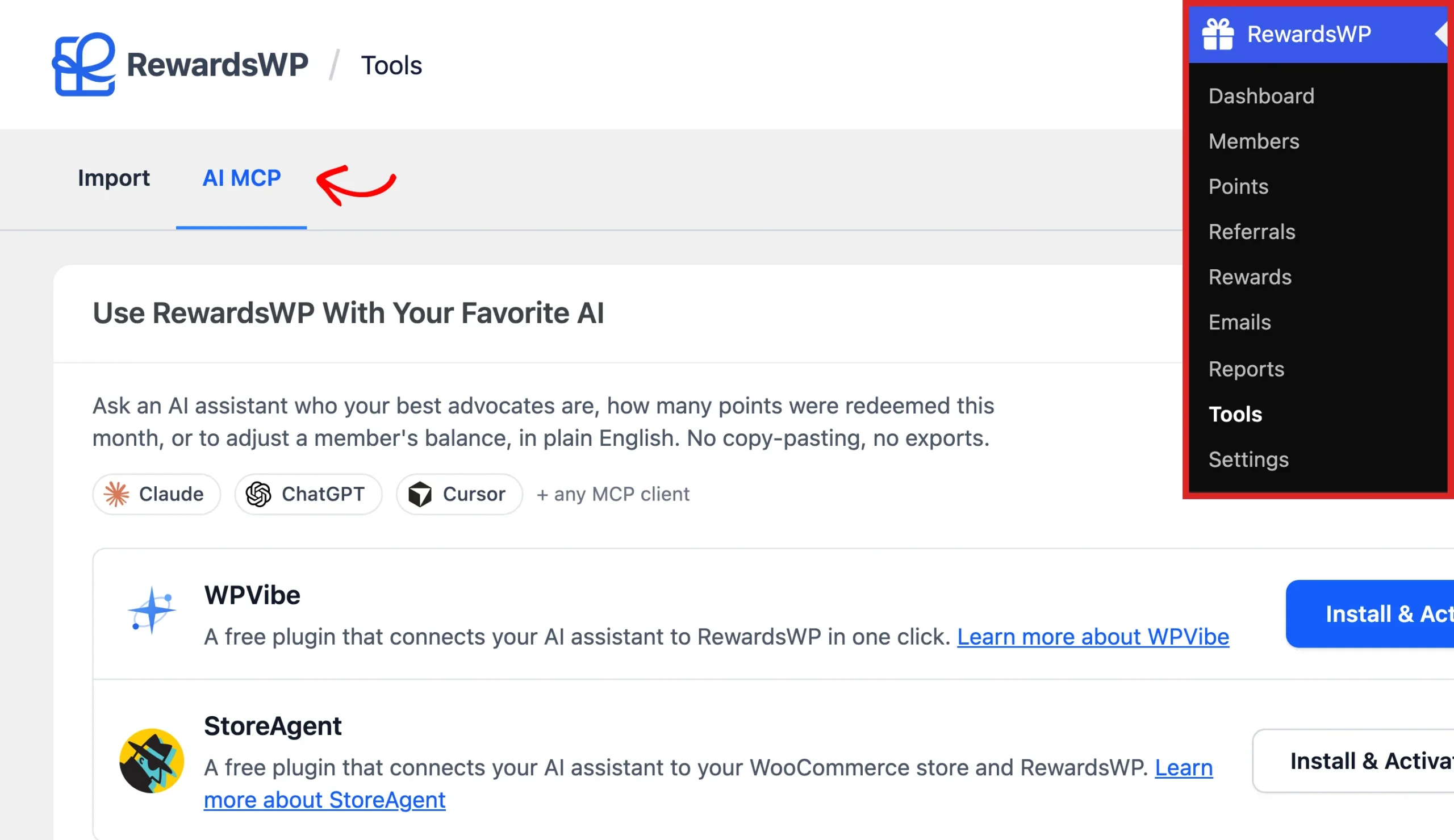 RewardsWP admin menu with Tools highlighted, and the Tools screen with an arrow pointing at the AI MCP tab