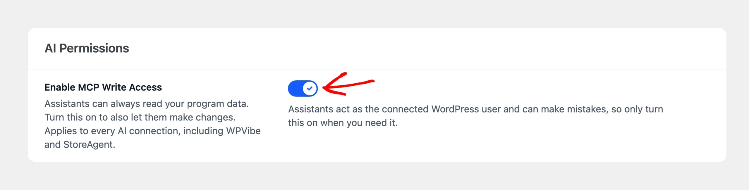 AI Permissions section with an arrow pointing at the Enable MCP Write Access toggle, turned on