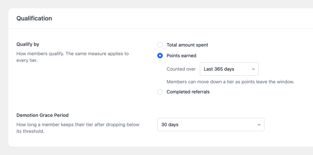 The Qualification settings in RewardsWP, with Points earned selected and counted over the last 365 days, and a 30-day Demotion Grace Period