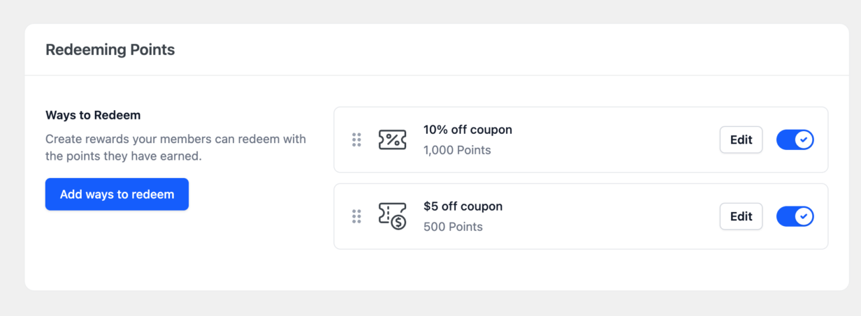 The Redeeming Points card in RewardsWP settings, with a  off coupon for 500 points listed below a 10% off coupon for 1,000 points