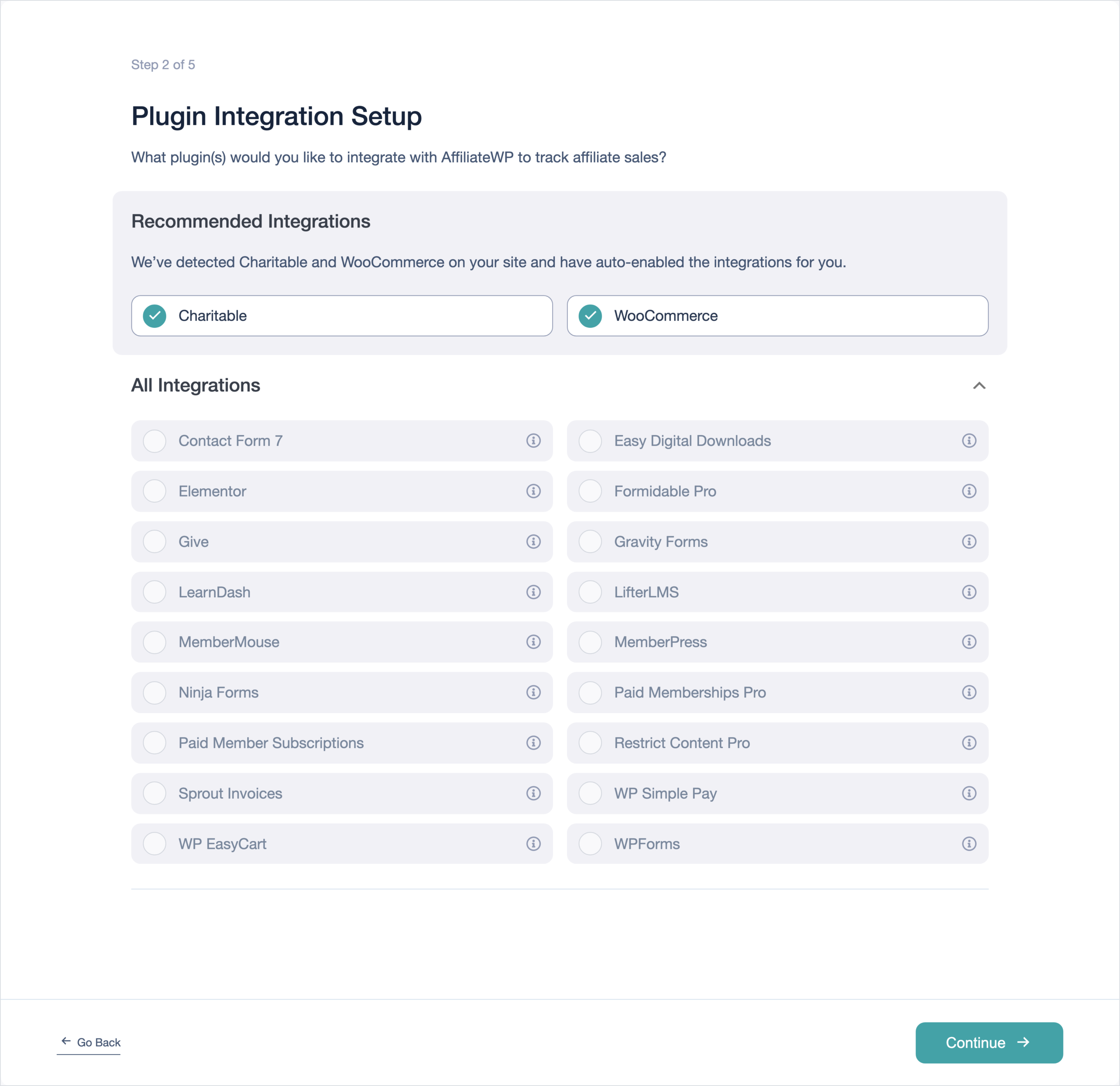 AffiliateWP setup wizard, Step 2 of 5, Plugin Integration Setup, with WooCommerce detected and turned on, and the All Integrations list open below it