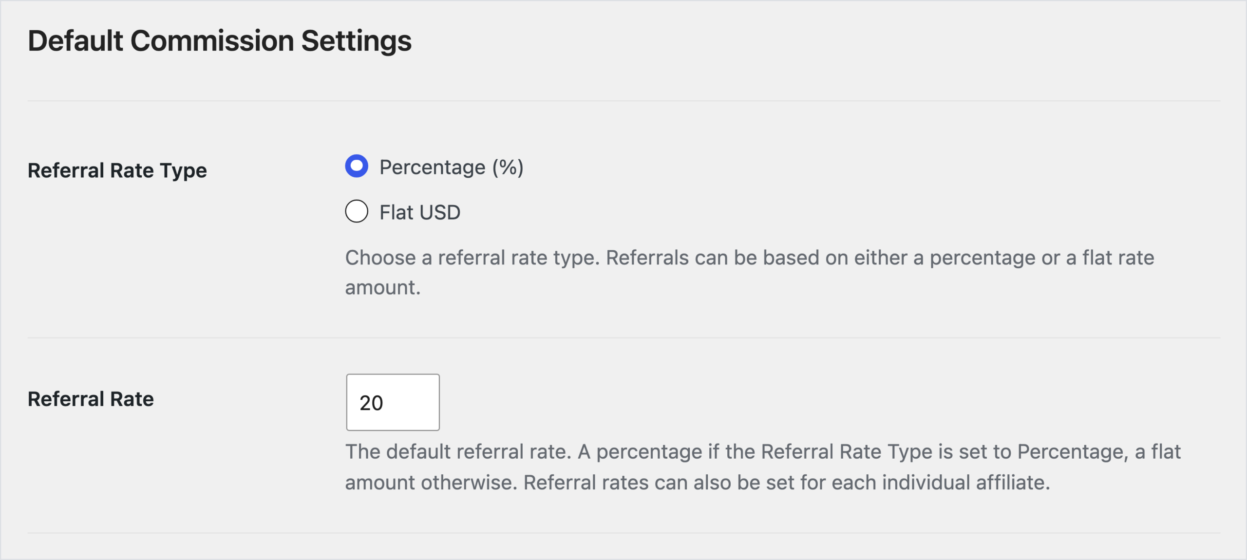 AffiliateWP Settings, Commissions tab, Default Commission Settings with Referral Rate Type set to Percentage and a Referral Rate of 20