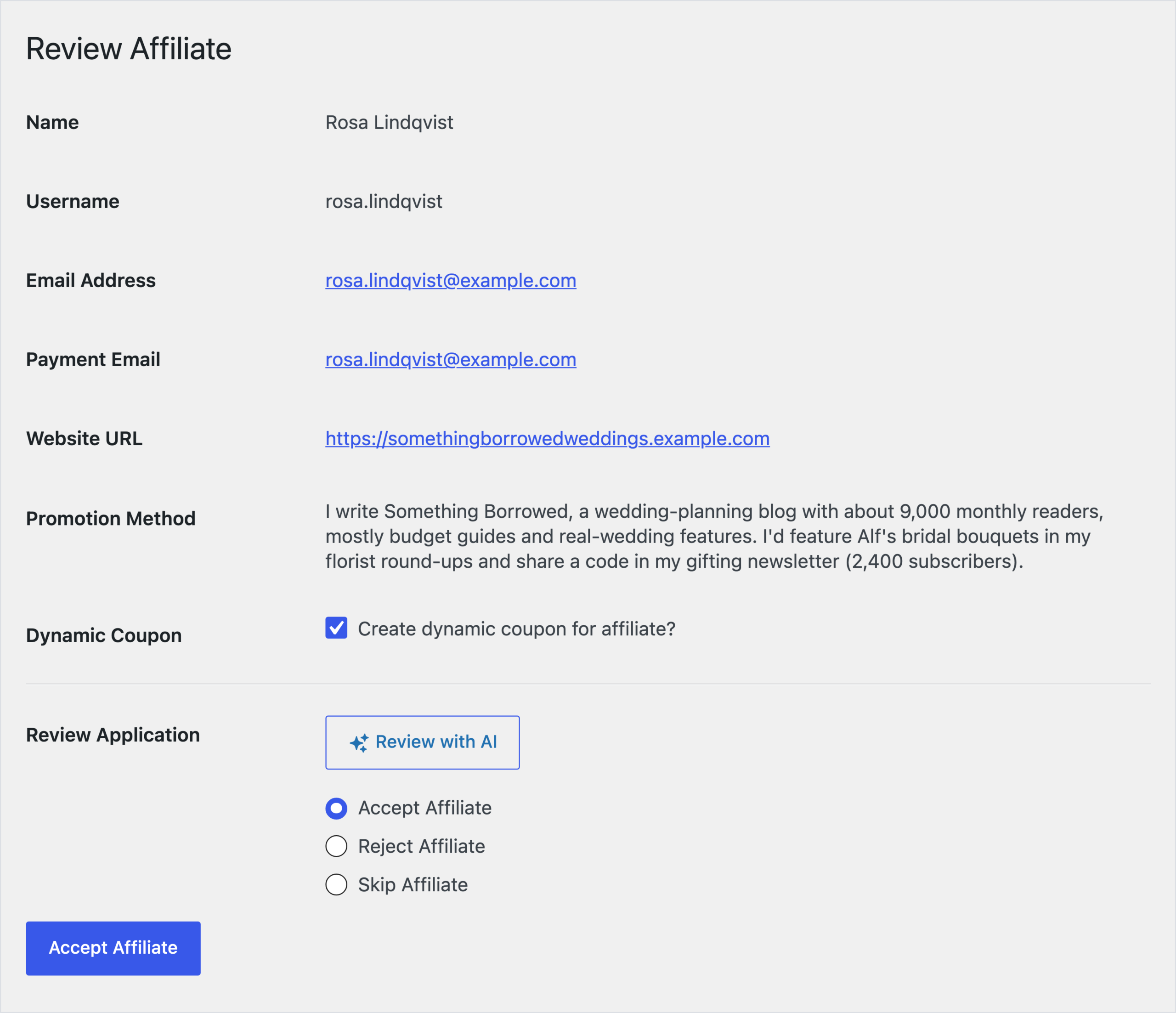 AffiliateWP Review Affiliate screen for Rosa Lindqvist, a pending applicant who writes Something Borrowed, a wedding-planning blog, and plans to feature Alf's bridal bouquets, with Dynamic Coupon checked, a Review with AI button, and Accept Affiliate, Reject Affiliate and Skip Affiliate options