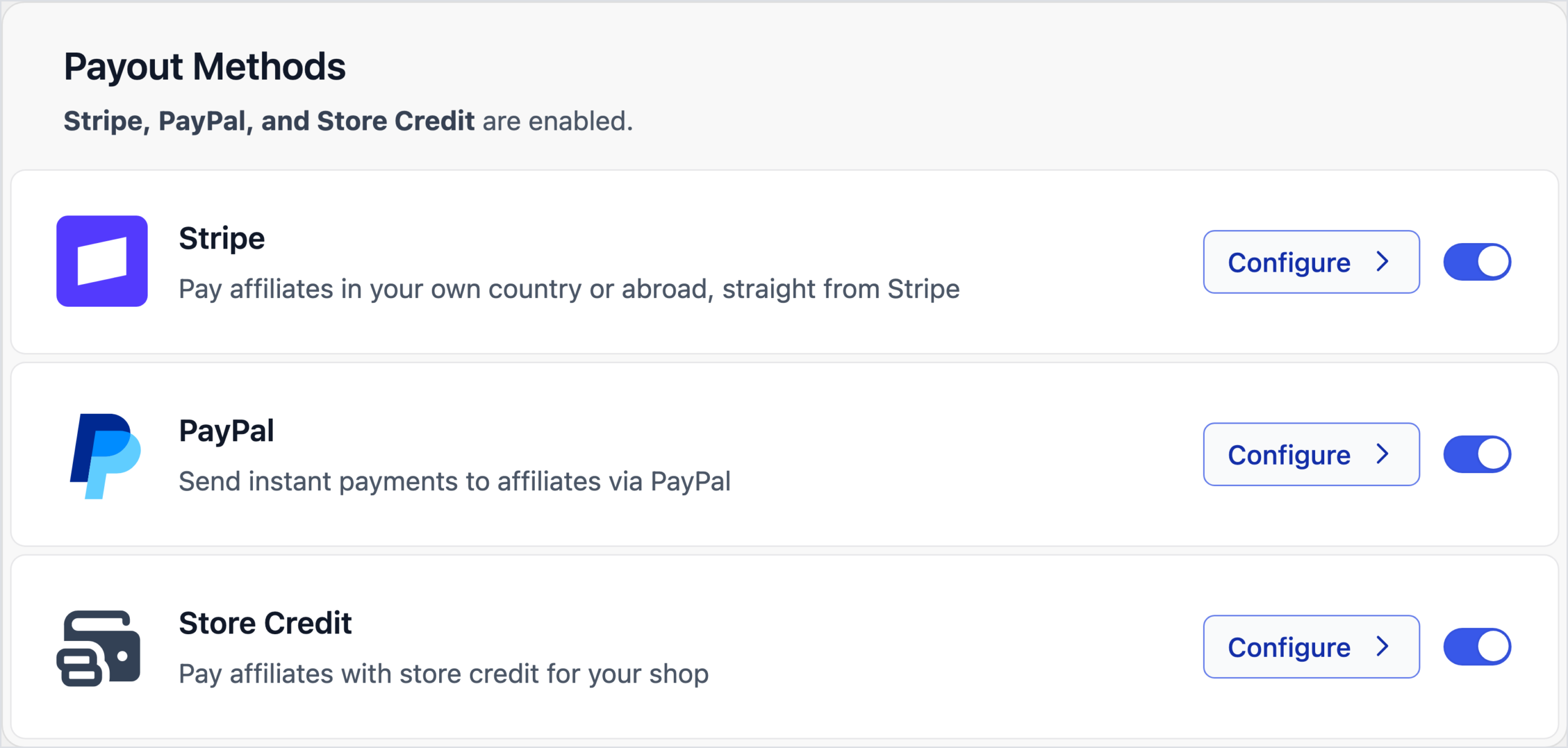 AffiliateWP Settings, Payouts tab, Payout Methods section with Stripe, PayPal and Store Credit all switched on, each with a Configure button