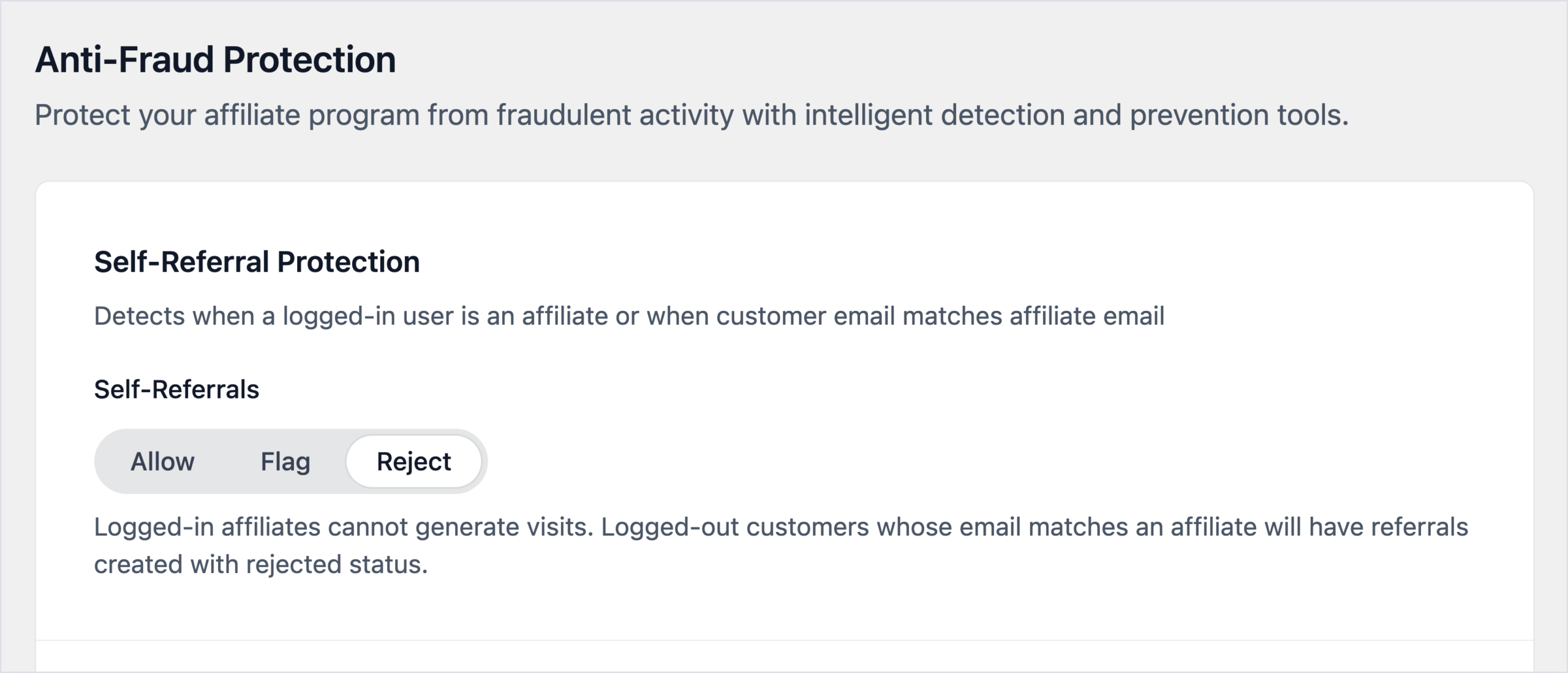 AffiliateWP Settings, Anti-Fraud tab, Anti-Fraud Protection with Self-Referral Protection and its Self-Referrals setting on Reject, so referrals from an affiliate's own orders are created as rejected