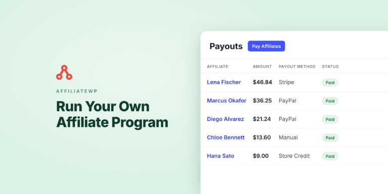 AffiliateWP Payouts list with five Paid payouts, each by the affiliate's own method: Lena Fischer $46.84 by Stripe, Marcus Okafor $36.25 and Diego Alvarez $21.24 by PayPal, Chloe Bennett $13.60 Manual and Hana Sato $9.00 by Store Credit, beside the headline Run Your Own Affiliate Program