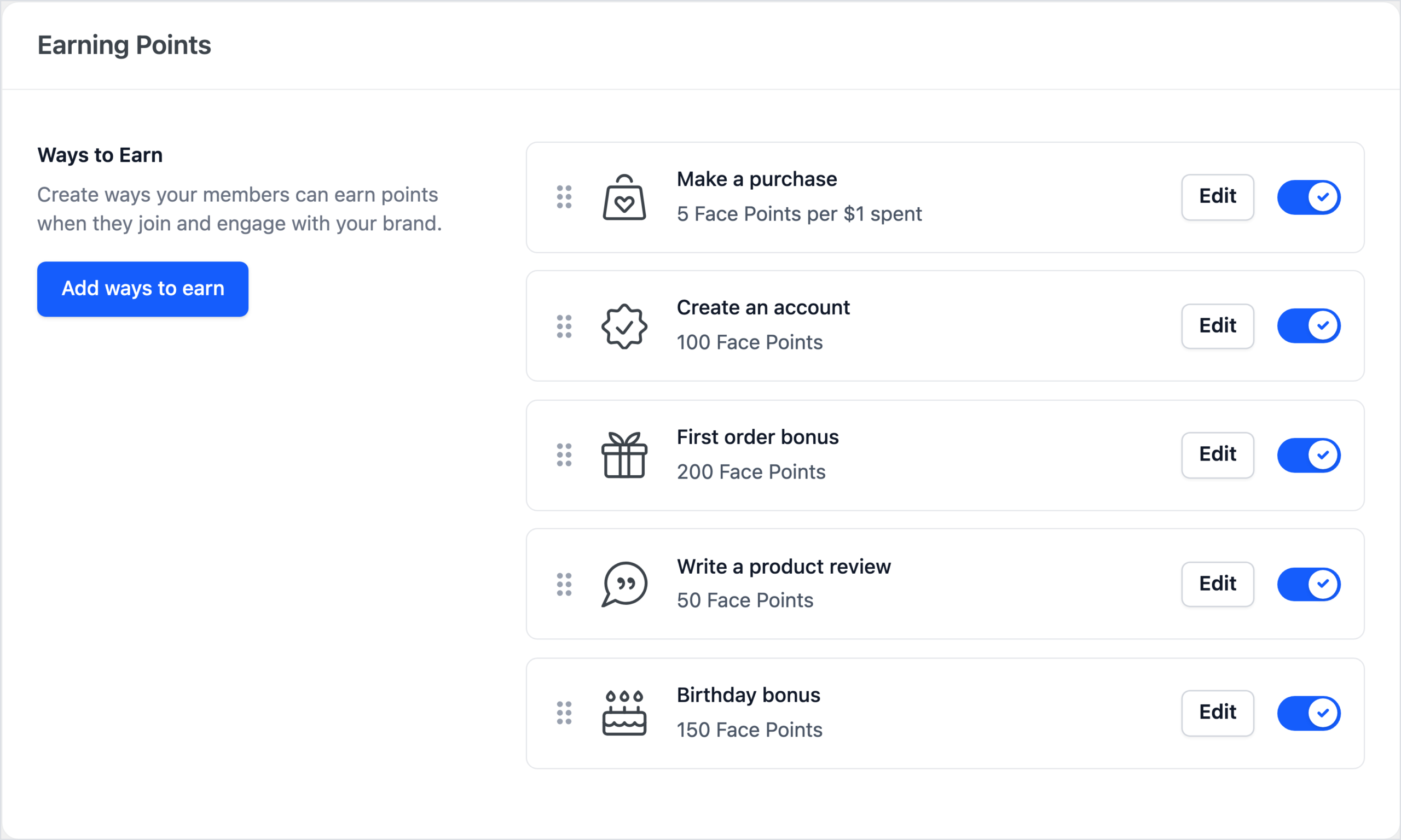 RewardsWP Settings, Points tab, Ways to Earn: Make a purchase at 5 Face Points per $1 spent, Create an account 100, First order bonus 200, Write a product review 50 and Birthday bonus 150 Face Points