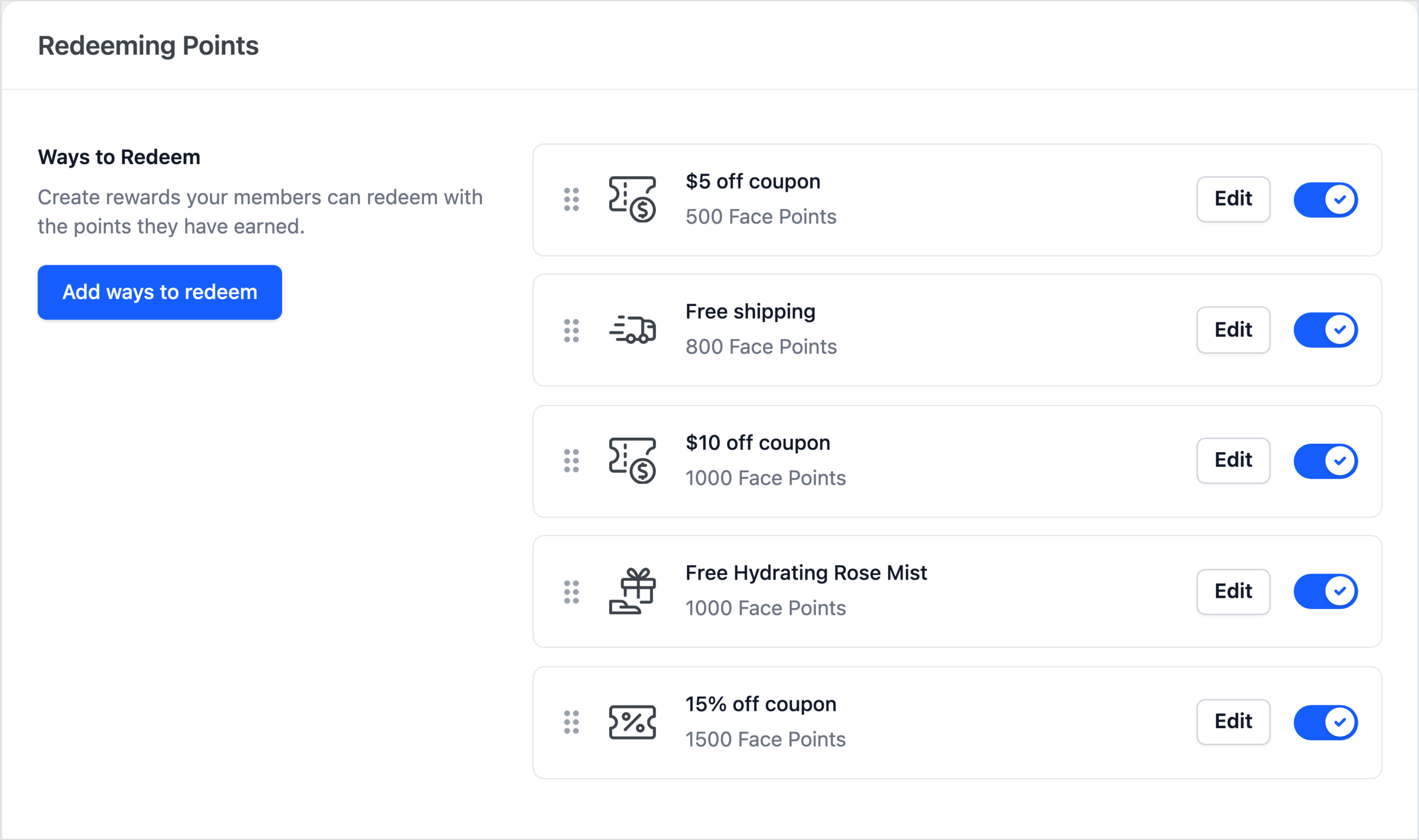 RewardsWP Redeeming Points, Ways to Redeem: $5 off for 500 Face Points, Free shipping for 800, $10 off for 1,000, a free Hydrating Rose Mist for 1,000 and 15% off for 1,500 Face Points