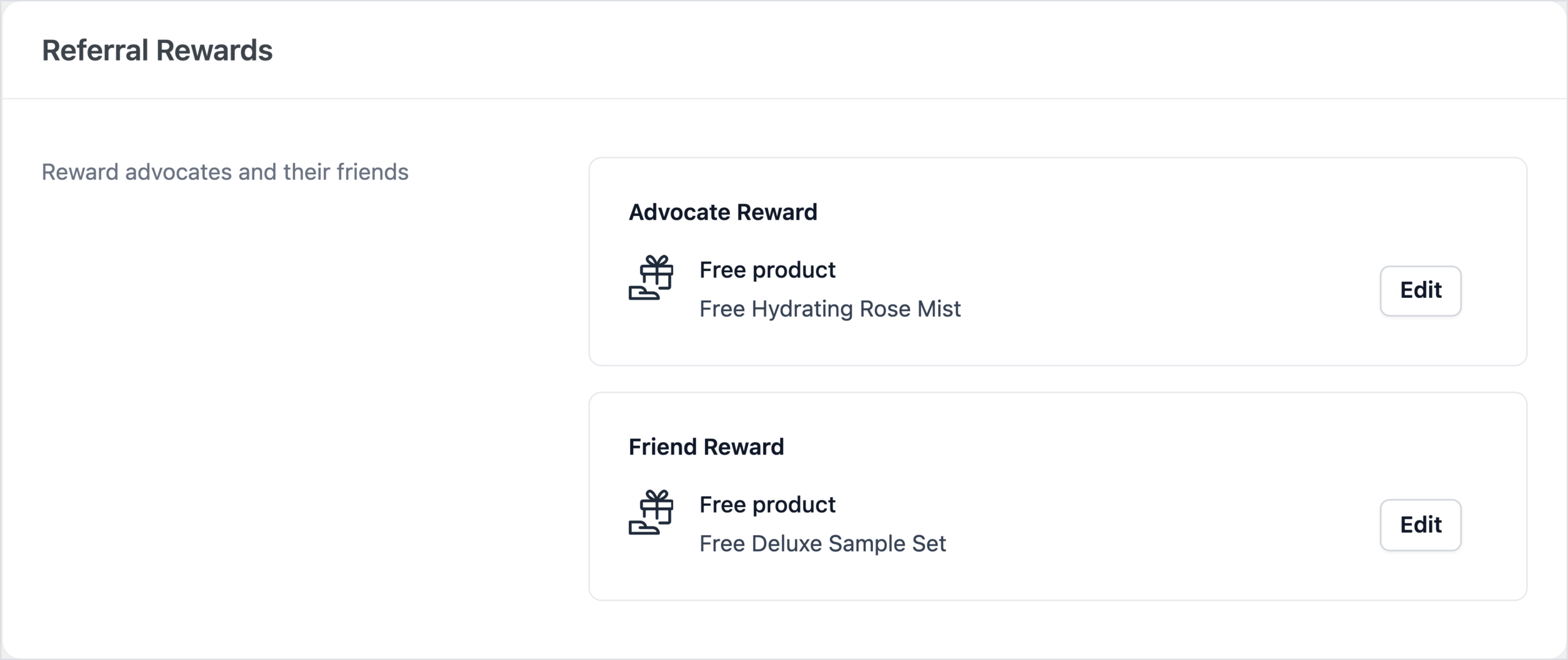 RewardsWP Referrals tab, Referral Rewards: Advocate Reward of a free Hydrating Rose Mist and Friend Reward of a free Deluxe Sample Set on the friend's first order