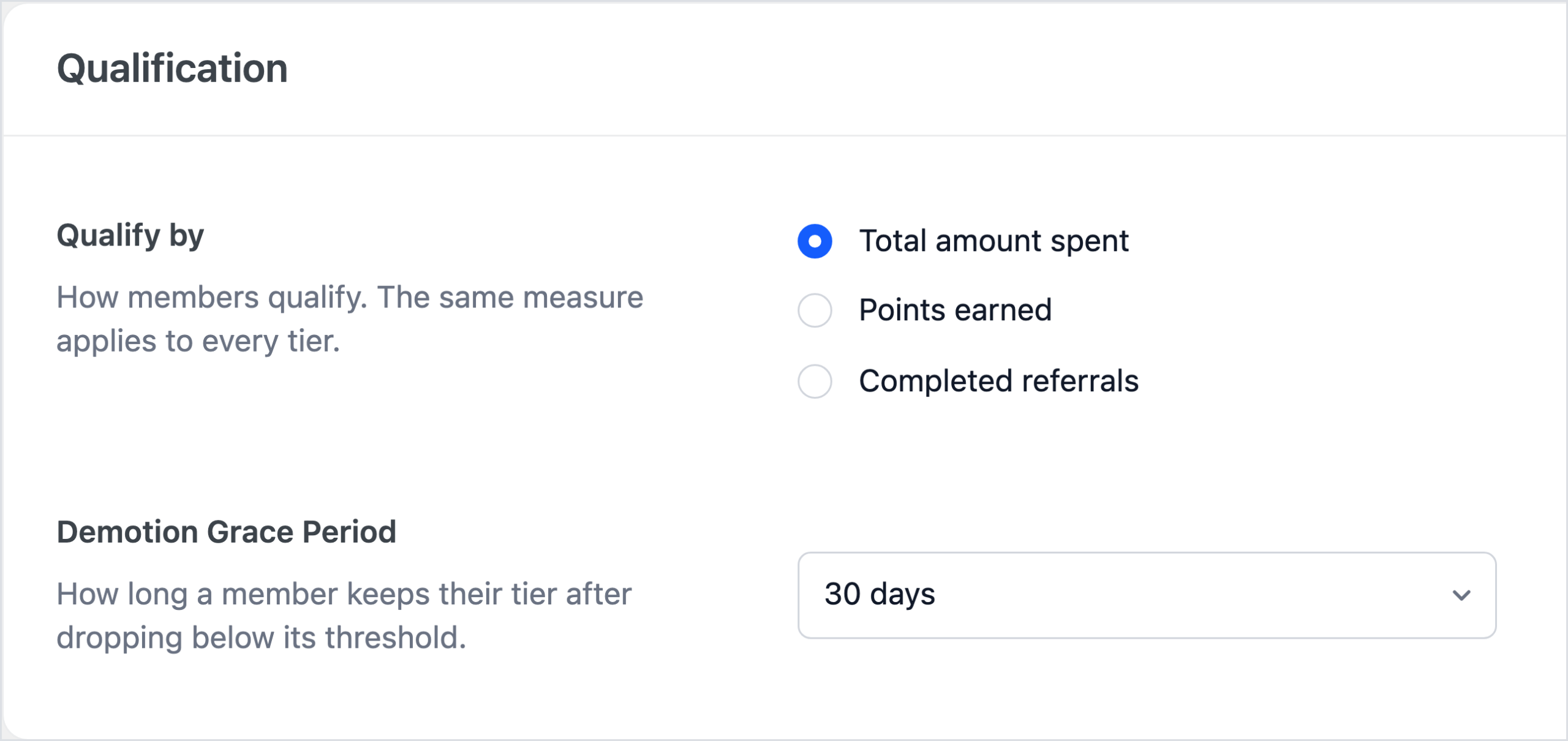 RewardsWP VIP settings, Qualification card: Qualify by set to Total amount spent, with Points earned and Completed referrals as the other options, and a Demotion Grace Period of 30 days