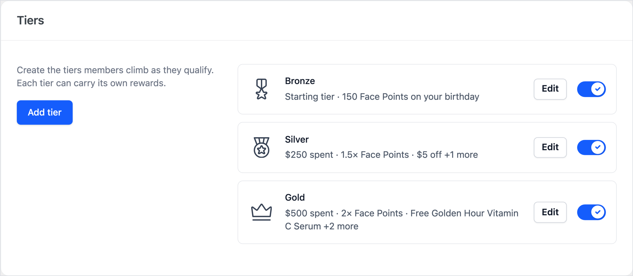 RewardsWP VIP Tiers card: Bronze as the starting tier, Silver from $250 spent with 1.5x Face Points and a $5 off entry reward, Gold from $500 spent with 2x Face Points and a free Golden Hour Vitamin C Serum