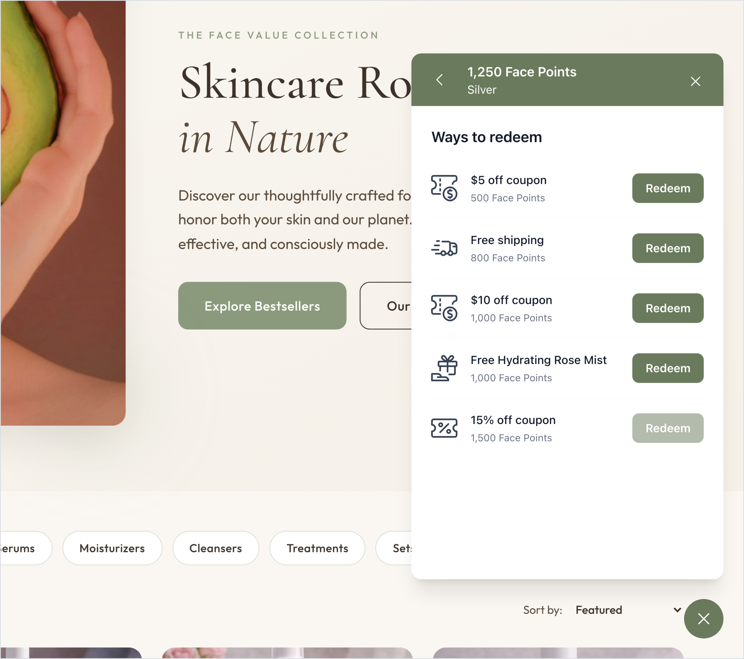 RewardsWP widget Ways to redeem panel on the Face Value store: $5 off coupon 500 Face Points, Free shipping 800, $10 off coupon 1,000, Free Hydrating Rose Mist 1,000, and 15% off coupon 1,500 greyed out