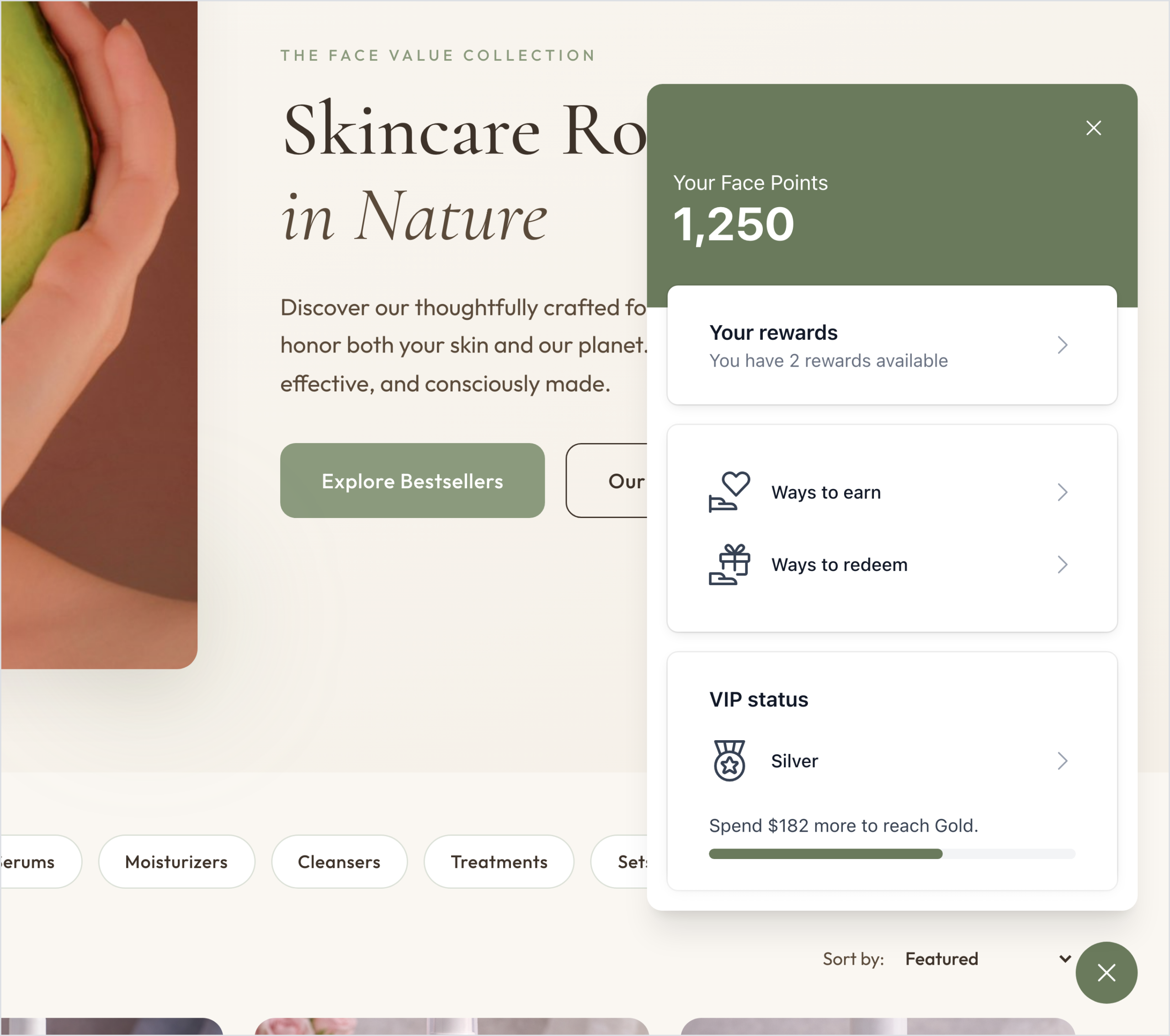 RewardsWP widget VIP status panel for a Silver member: Spend $182 more to reach Gold, Silver benefits including 1.5x Face Points on every purchase, and a $5 off coupon welcome gift