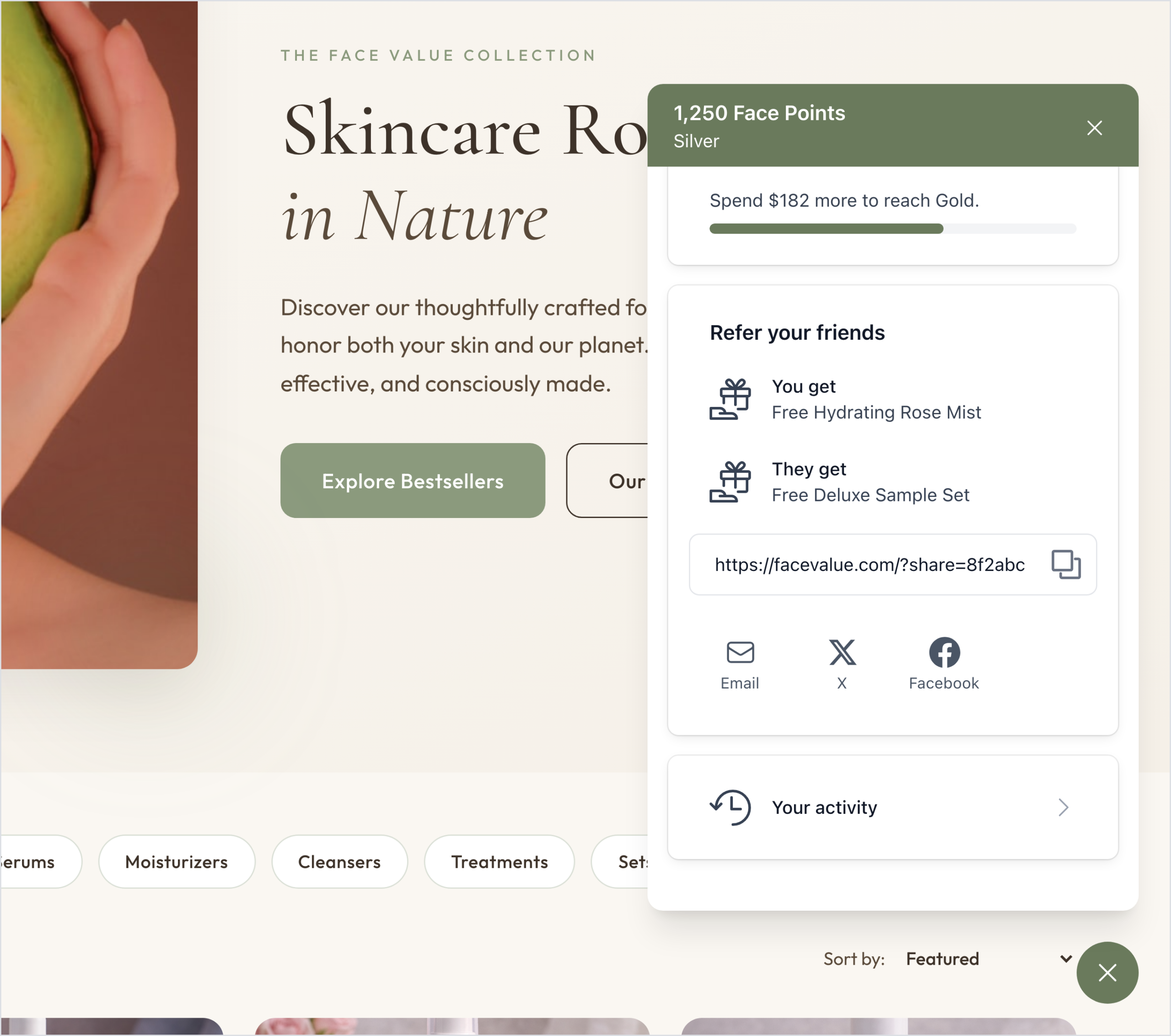 RewardsWP widget Refer your friends section: You get a free Hydrating Rose Mist, They get a free Deluxe Sample Set, with the invite link and Email, X and Facebook sharing