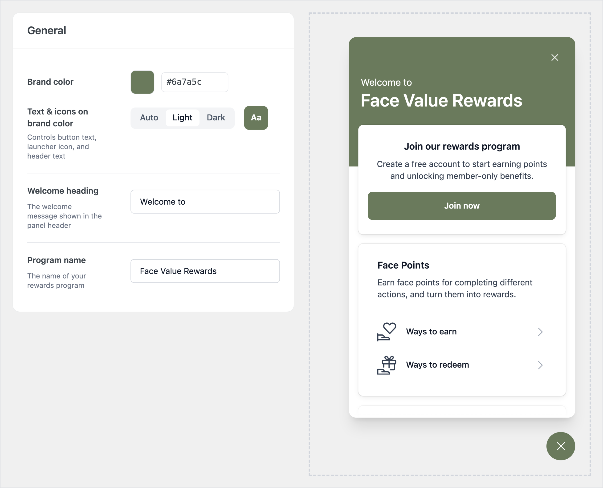RewardsWP Settings, Widget tab, General card: brand color #6a7a5c, Welcome to heading and Face Value Rewards program name, beside the live preview of the Join our rewards program panel a visitor sees