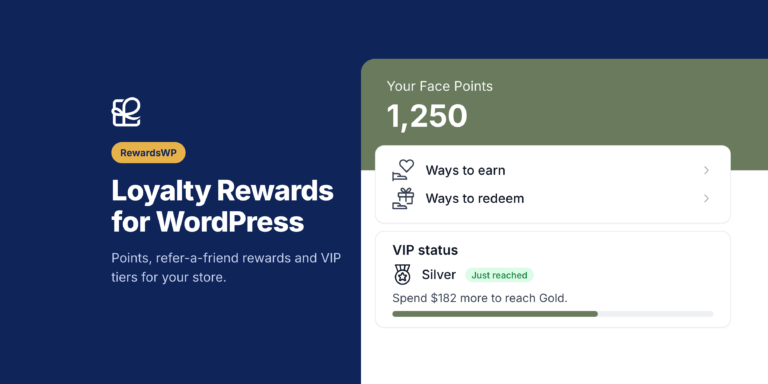 Widget de recompensas de RewardsWP para un miembro de Face Value con 1250 puntos, formas de ganar y formas de canjear, y estado VIP Plata con Gasta 182 $ más para alcanzar el Oro, junto al titular Recompensas de fidelidad para WordPress