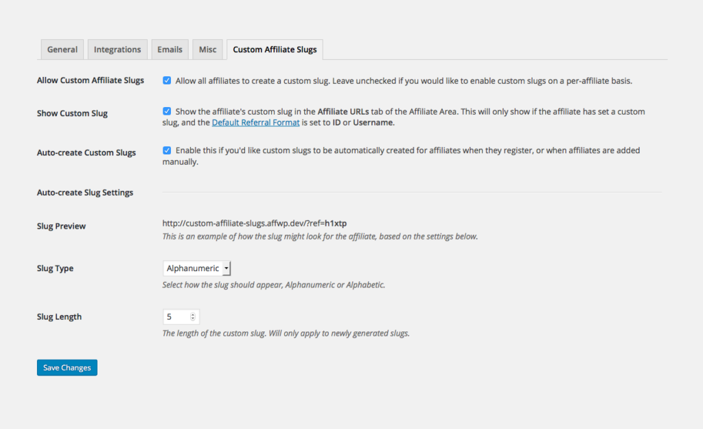 The admin settings for the Custom Affiliate Slugs add-on