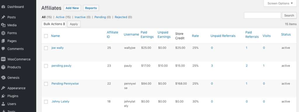 screenshot of admin affiliates browse showing store credit column 