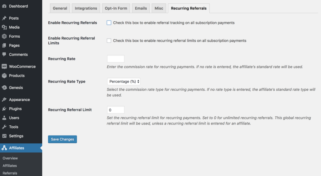 Settings for Recurring Referrals add-on